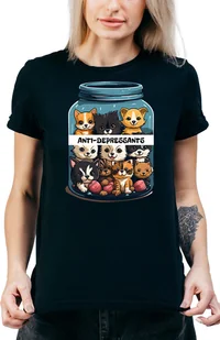 T-SHIRT DAMSKI Z NADRUKIEM KOTY PSY ŚMIESZNA KOSZULKA CZARNA R-L A313 - Koszulki i topy damskie - miniaturka - grafika 1