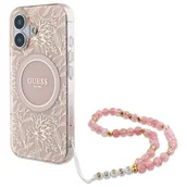 Etui i futerały do telefonów - Guess IML Flowers Allover Electro With Pearl Strap MagSafe - Etui iPhone 16 (różowy) - miniaturka - grafika 1
