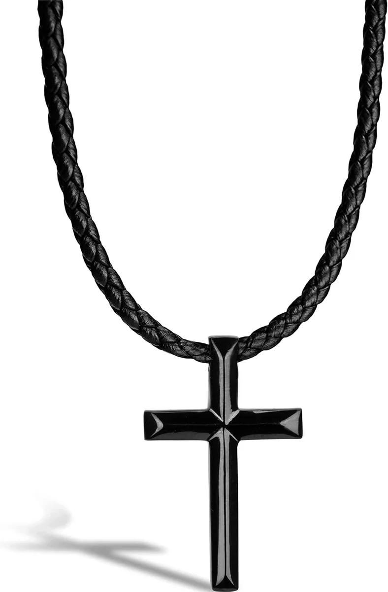 NASZYJNIK SKÓRZANY KRZYŻ SYMBOL DŁUGI ELEGANCJA MĘSKI PREZENT ETUI