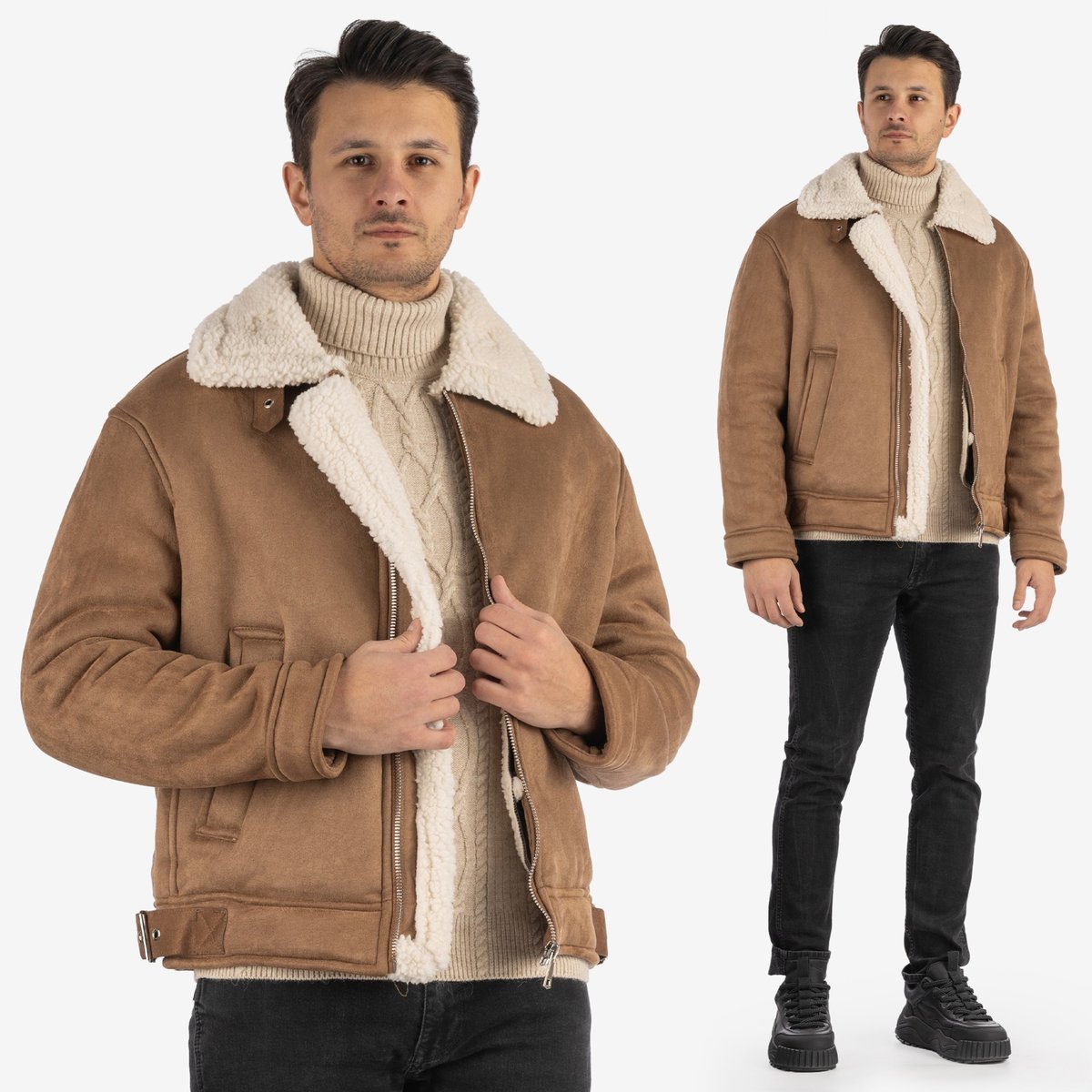 Kurtka Męska Kożuch Z Kołnierzykiem Pilotka Ocieplana Brązowa S