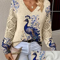 Swetry damskie - TEMU Damski sweter w stylu vintage z niebieskim nadrukiem pałęgi - luźny sweter z długim rękawem i misternym kwiatowym wzorem, codzienna bluzka na - miniaturka - grafika 1