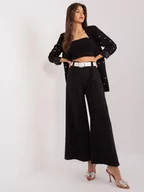 Spodnie damskie - Spodnie z materiału czarny elegancki palazzo materiałowe nogawka szeroka pasek - miniaturka - grafika 1