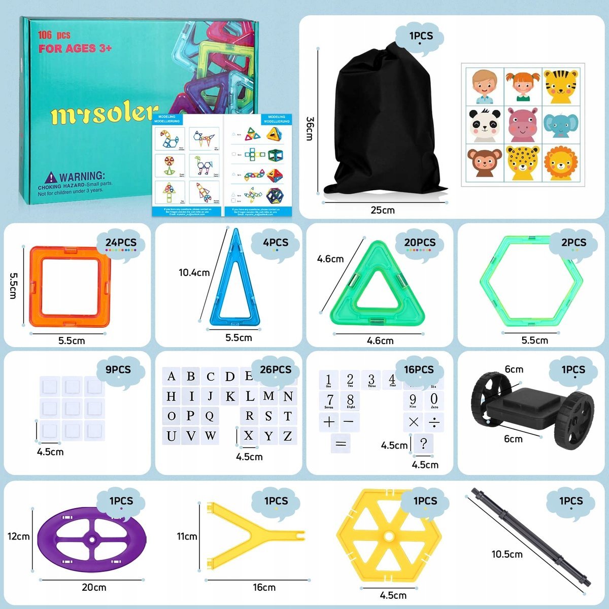 MYSOLER Magnetyczne Klocki 106 Elementów Zabawka Edukacyjna Dla Dzieci 3+