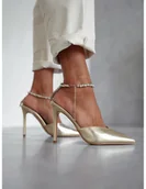 Czółenka - Wysokie szpilki z ozdobnym łańcuszkiem - złote - miniaturka - grafika 1