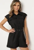 Kombinezony - Czarny Kombinezon bez Rękawów Zapinany na Guziki z Materiałowym Paskiem Tiamarlia - miniaturka - grafika 1