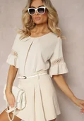 Bluzki damskie - Beżowa Luźna Bluzka z Ażurową Wstawką na Rękawach Birian - miniaturka - grafika 1