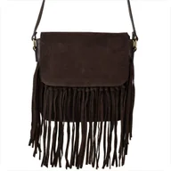 Torebki damskie - Vera Pelle włoska listonoszka z frędzlami skóra naturalna zamszowa i licowa czekolada - miniaturka - grafika 1