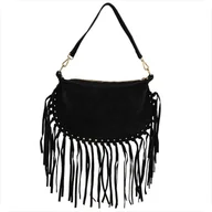 Torebki damskie - Włoska listonoszka z frędzlami skóra naturalna zamszowa czarna - miniaturka - grafika 1