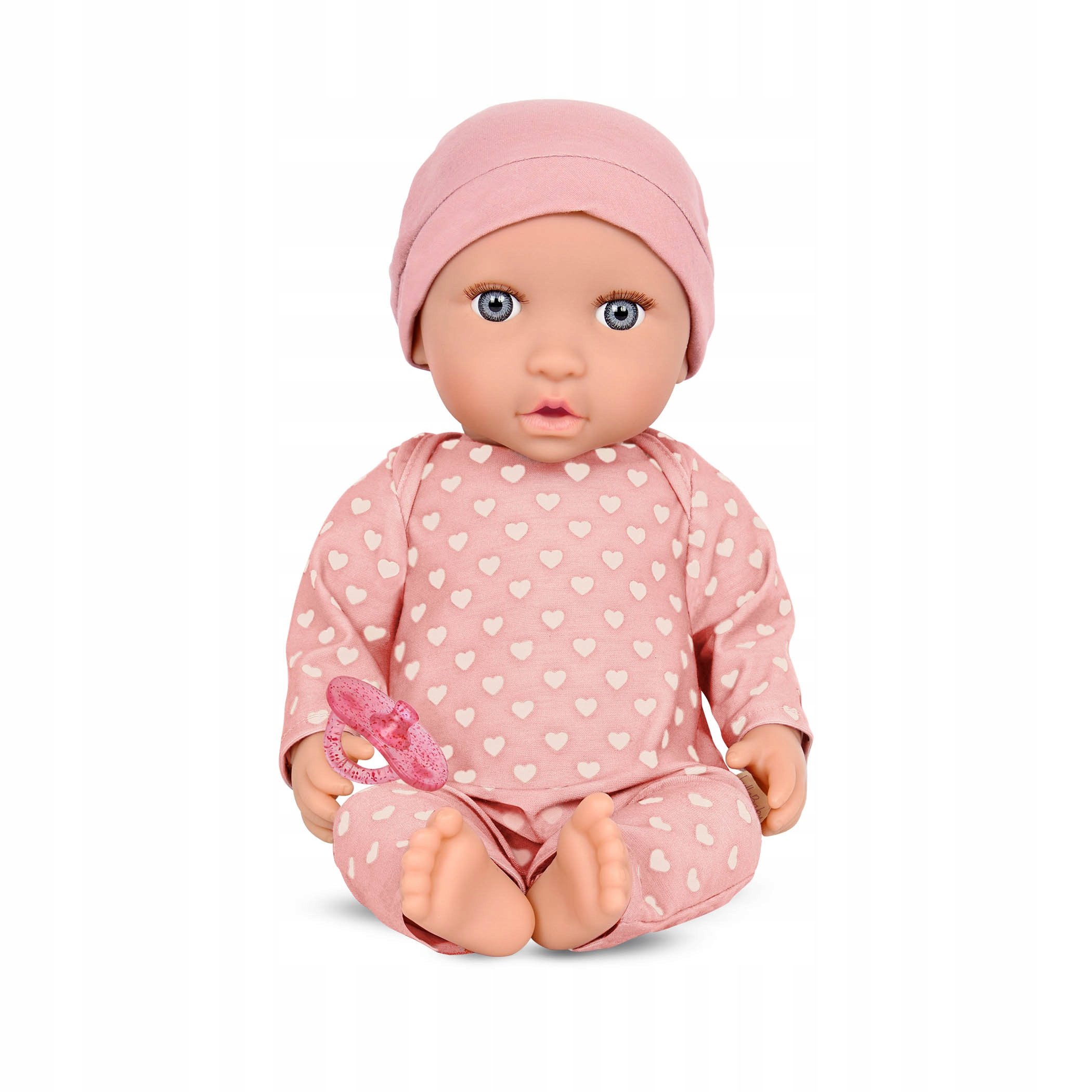 LullaBaby: lalka Niemowlę ze smoczkiem, w pidżamce w serduszka i czapeczce