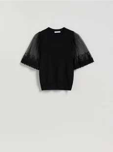 Reserved - Bluzka z ozdobnymi rękawami - czarny - Bluzki damskie - miniaturka - grafika 1