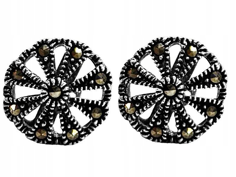 Srebrne kolczyki 925 ażurowe kółka z markazytami na sztyft kółeczka
