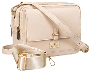 Mała listonoszka damska ze skóry ekologicznej PETERSON beżowa dwukomorowa na suwak złote okucia kieszonki na drobiazgi w komplecie dwa paski na ramię - Torebki damskie - miniaturka - grafika 1