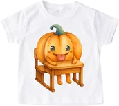 Koszulki dla dziewczynek - Biała koszulka na Dzień Dyni z dynią w ławce szkolnej - wzór dynia64 - miniaturka - grafika 1