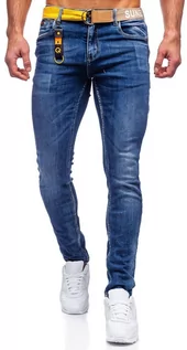 Spodnie męskie - Granatowe jeansowe spodnie męskie slim fit z paskiem Denley 80028W0 - grafika 1