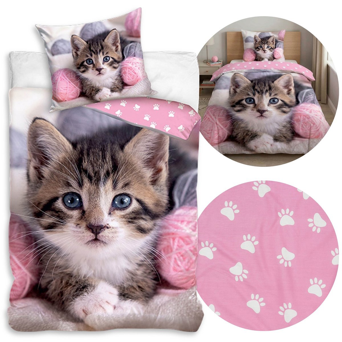 Kotek z włóczką DWUSTRONNA, bawełniana pościel dziecięca na zamek, 100% BAWEŁNA 160x200cm+70x80cm OEKO-TEX