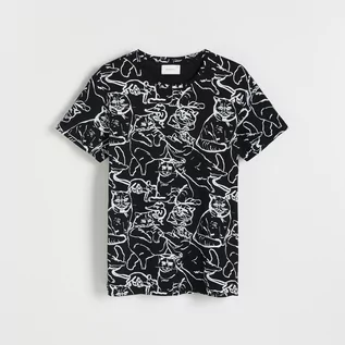Koszulki męskie - Reserved T-shirt ze zwierzęcym nadrukiem - Czarny - grafika 1