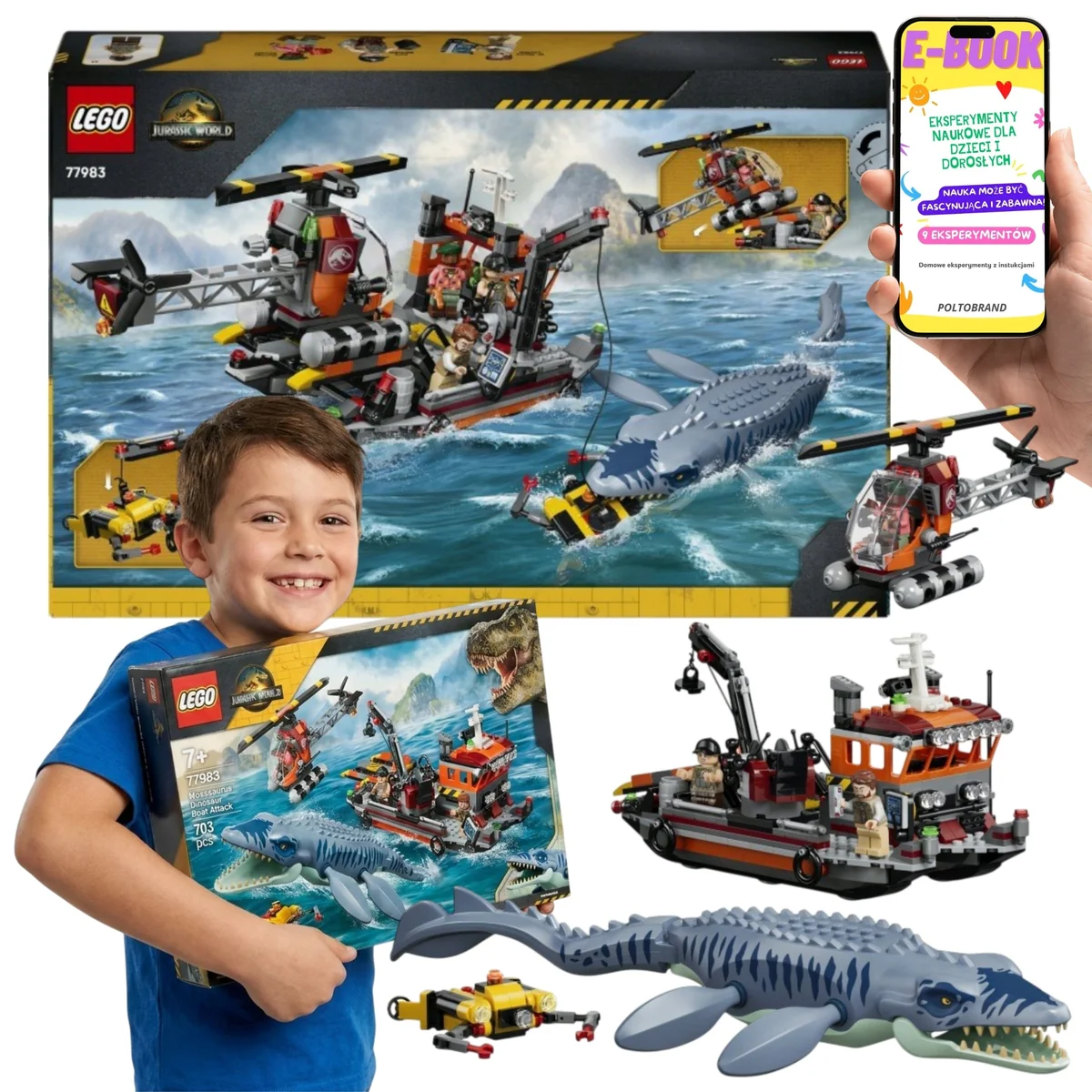 LEGO Jurassic World Atak Mozazaura na Łódź 77983 Klocki z 3 Minifigurkami Prezent Dla Dziecka