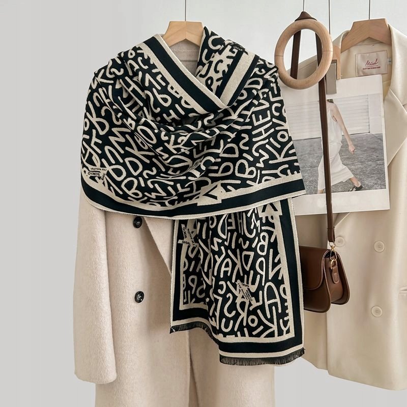 elegancki damski SZAL na zimę ciepły SZALIK szykowny 180x66 szaro-czarny