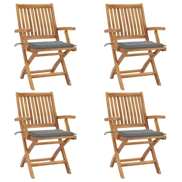 Stylowy zestaw 4 drewnianych krzeseł ogrodowych z szarymi poduszkami 56x58