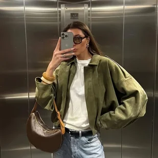 TEMU Kurtka Damska Retro Casual - Oliwkowa, Krótki Rękaw, Okrągły Dekolt, Pranie Maszynowe, Niezbędnik Wiosenno-Jesienny do Szafy - Kurtki damskie - miniaturka - grafika 1