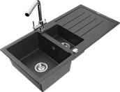 Zlewozmywaki z baterią - Mexen Andres zlewozmywak granitowy 1,5-komorowy z ociekaczem i baterią kuchenną Duero, czarny nakrapiany - 6515-76-671600-00 - miniaturka - grafika 1