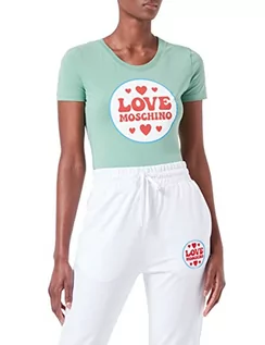 Koszulki i topy damskie - Love Moschino Damska koszulka ze streczu bawełny z logo Patch Print, zielony, 40 PL - grafika 1