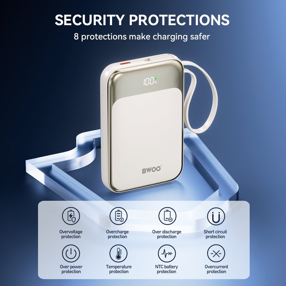 BWOO P80 powerbank PD 20W 10000 mAh z kablem usb-c i wyświetlaczem złoty