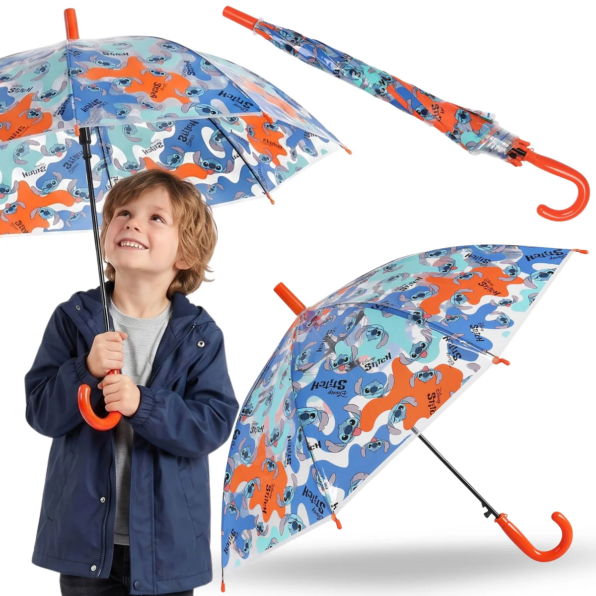 DISNEY Stitch Kolorowa parasolka dziecięca DLA CHŁOPCA, transparentny SKŁADANY parasol AUTOMATYCZNY