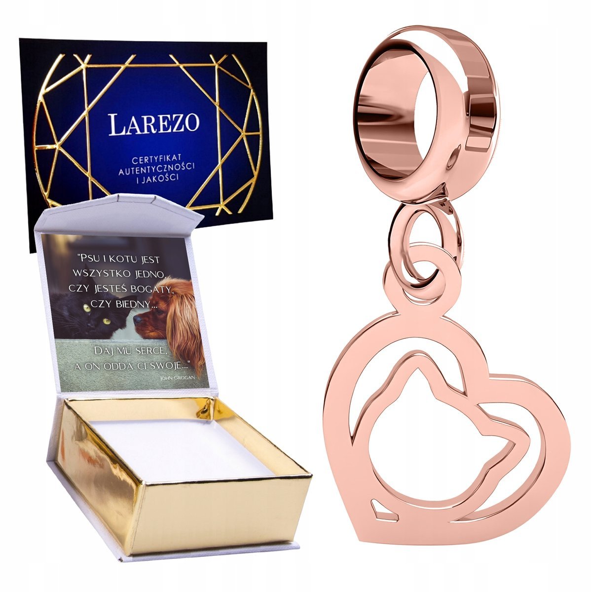 CHARMS POZŁACANY Wiszący Kotek Głowa Kota Serce Serduszko bff Kot + NADRUK