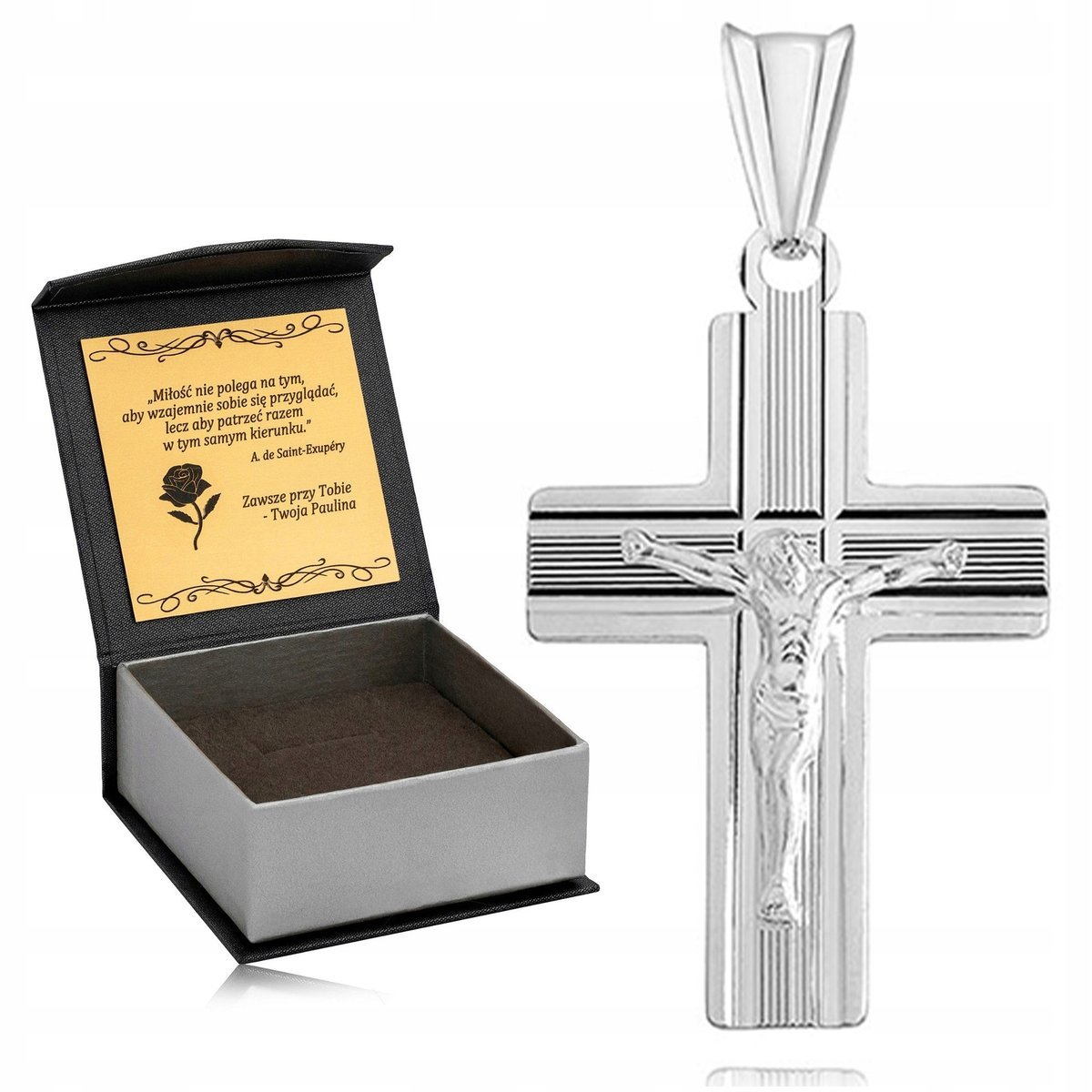 SREBRNA BIŻUTERIA DAMSKIA / RODOWANY KRZYŻYK JEZUS 925 + PUDEŁKO Z GRAWEREM