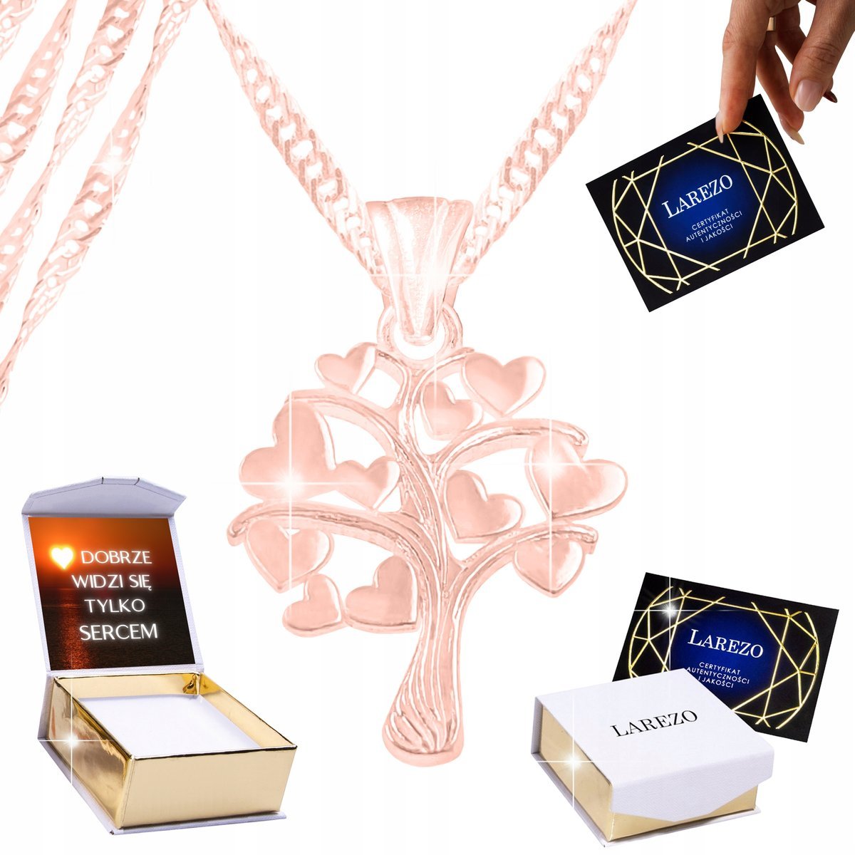 Naszyjnik Różowy 925 Drzewo Życia z Sercami Drzewem Szczęścia Serce NADRUK