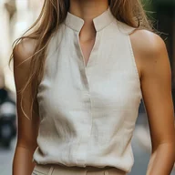 Koszule damskie - TEMU Damska różowa bluzka bez rękawów z dekoltem w szpic - koszula z guzikami, oddychający poliester, idealna do biura lub odzieży codziennej, - miniaturka - grafika 1