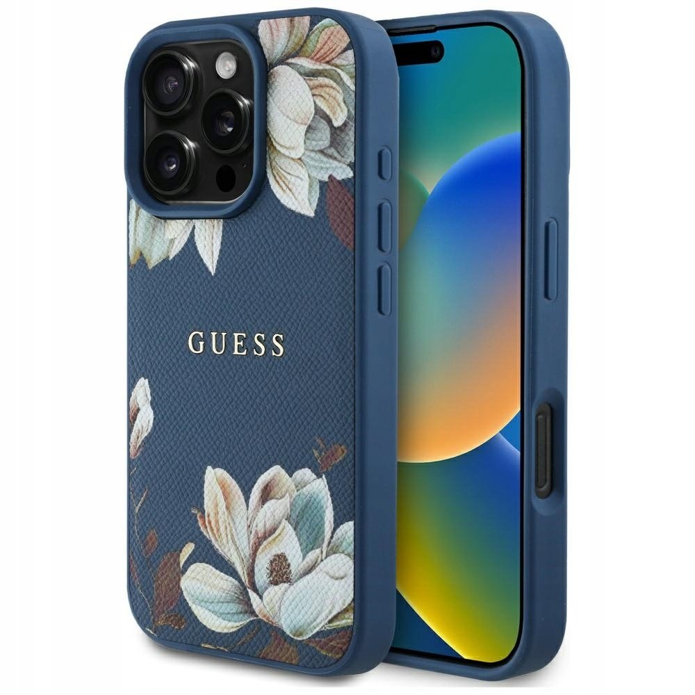 Guess Etui Grained Flower Pattern do MagSafe do iPhone 16 Pro, niebieskie z kwiecistym wzorem