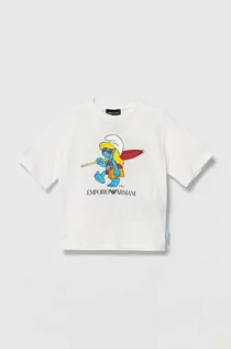 Koszulki dla chłopców - Emporio Armani t-shirt bawełniany dziecięcy The Smurfs kolor biały z nadrukiem - grafika 1