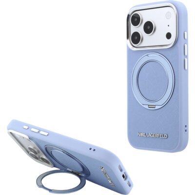 Etui KARL LAGERFELD Ring Stand 360 Saffiano Classic Logo MagSafe do Apple iPhone 17 Pro Max/18 Pro Max Jasnoniebieski