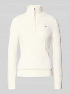 Bluzy damskie - Bluza z kołnierzem, wyhaftowanym logo i ściegiem warkoczowym - miniaturka - grafika 1