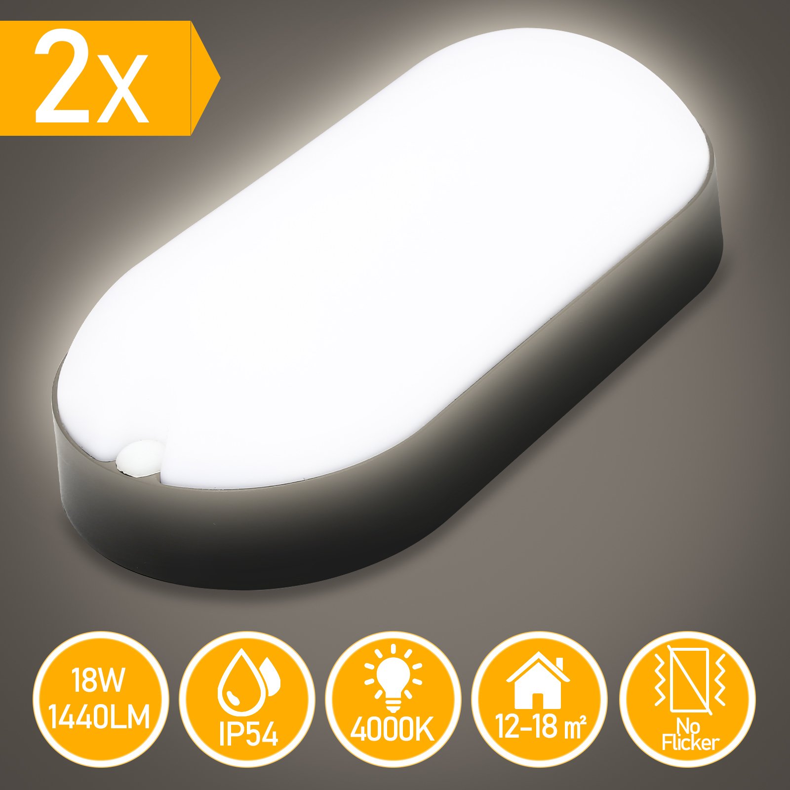 EINFEBEN 2x LED odporna na wilgoć lampa sufitowa Owalna lampa IP54 Garaż 15W Biała lampa łazienkowa Lampa Bürolamp