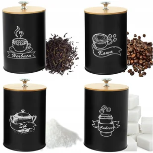 4 X POJEMNIK KAWA HERBATA CUKIER SÓL CZARNY METALOWY BAMBUS KOMPLET - Pojemniki kuchenne - miniaturka - grafika 1
