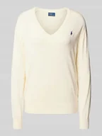 Swetry damskie - Sweter z dzianiny z wyhaftowanym logo i dekoltem w serek - miniaturka - grafika 1