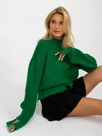 Swetry damskie - Sweter asymetryczny zielony casual dekolt stójka rękaw długi długość krótka dziury - miniaturka - grafika 1