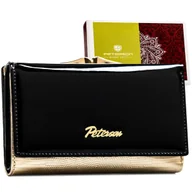 Portfele - Elegancki średniej wielkości lakierowany portfel damski PETERSON czarno złota portmonetka na zatrzask i bigiel skóra naturalna rozbudowany na karty .. - miniaturka - grafika 1