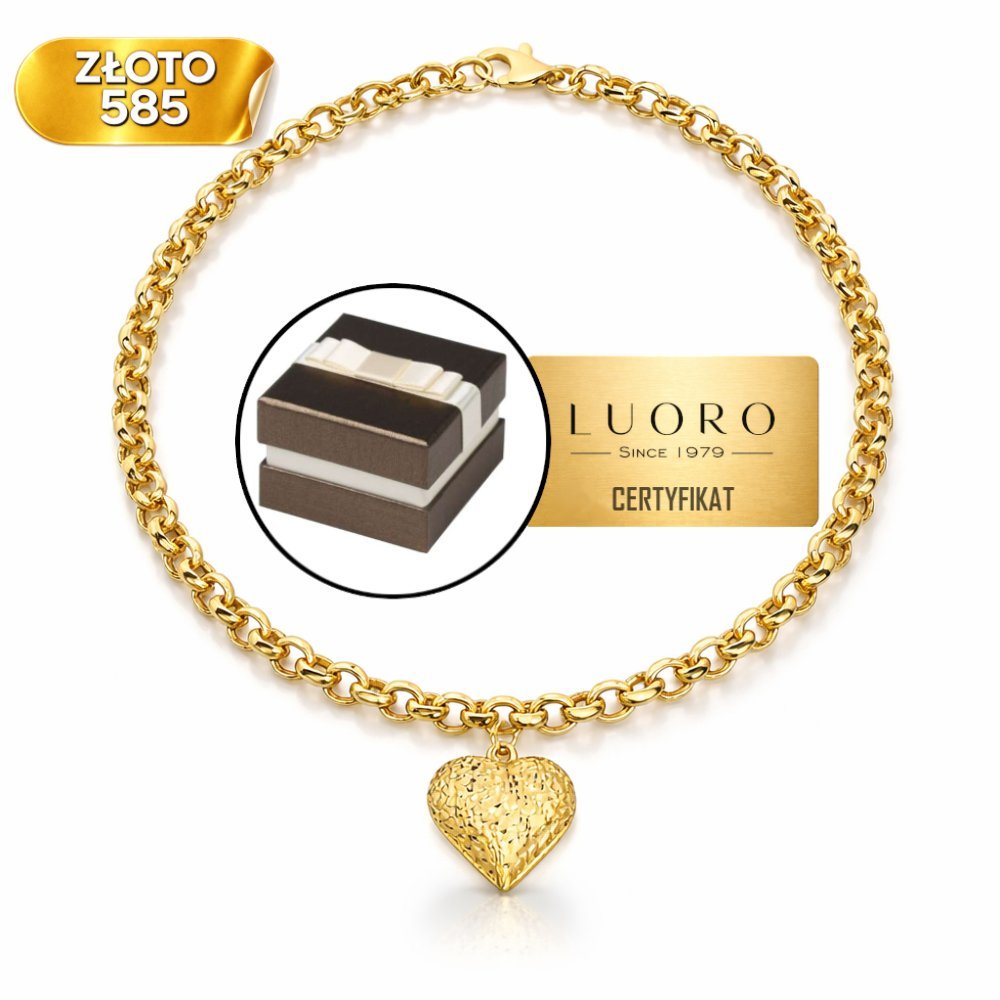 BRANSOLETKA ZŁOTA 585 14K SPLOT ROLO DIAMENTOWANE SERCE 18 CM REGULOWANA