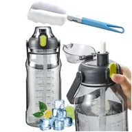 Shakery i bidony sportowe - Butelka bidon ze słomką na wodę do picia 1,5l motywacyjna z przypomnieniem z miarką motywacyjną z uchwytem Czarna + Szczotka do mycia - miniaturka - grafika 1