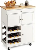 Wózki kuchenne - Wózek kuchenny na kółkach, wózek do serwowania z szufladą i stojakami na butelki, półka kuchenna z blatem, wózek z szufladą, wózek kuchenny (biały) - miniaturka - grafika 1