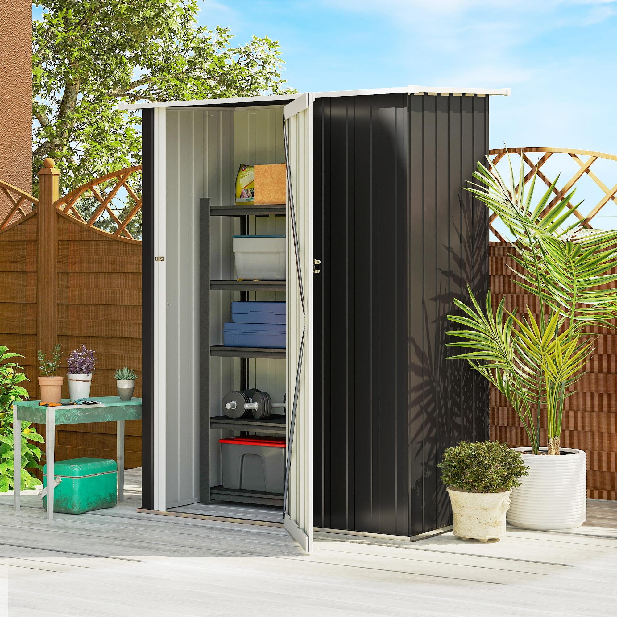 Domek narzędziowy metalowy Outsunny 1,07 m² z dachem dwuspadowym, 142 x 84 x 189 cm, z zamykanymi drzwiami, domek ogrodowy, domek ogrodowy ciemnoszary