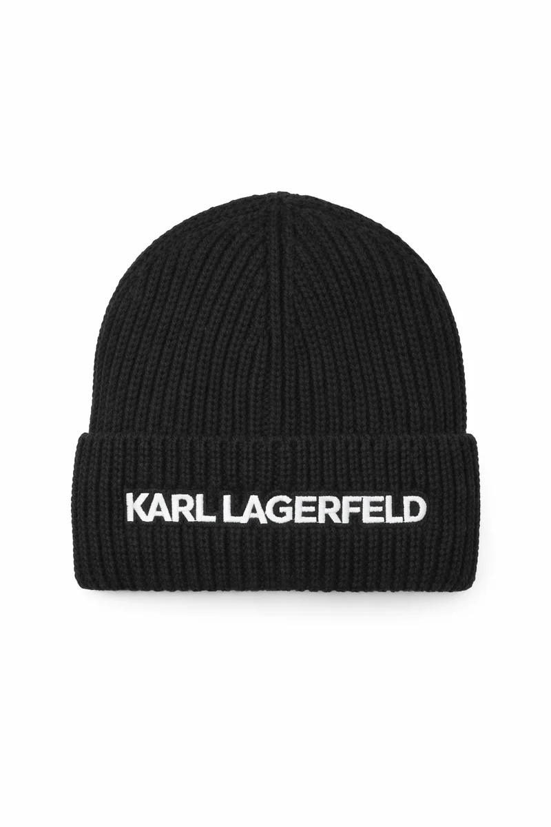 KARL LAGERFELD CZARNA CZAPKA BEANIE Z BIAŁYM NAPISEM 50/52 2I4A