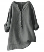 Koszule damskie - Damska Koszula Bawełniana Z Długim Rękawem Dekolt W Serek - Szara - miniaturka - grafika 1