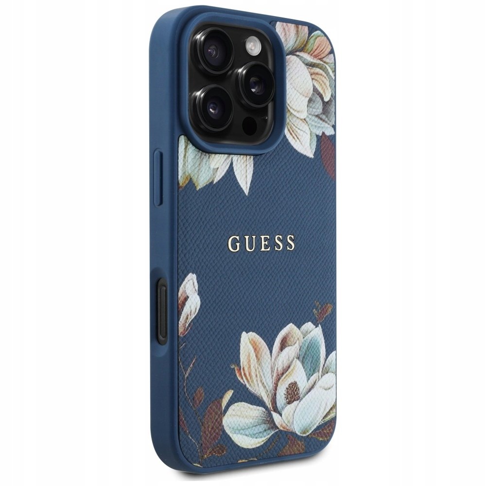 Guess Etui Grained Flower Pattern do MagSafe do iPhone 16 Pro Max, niebieskie z kwiecistym wzorem