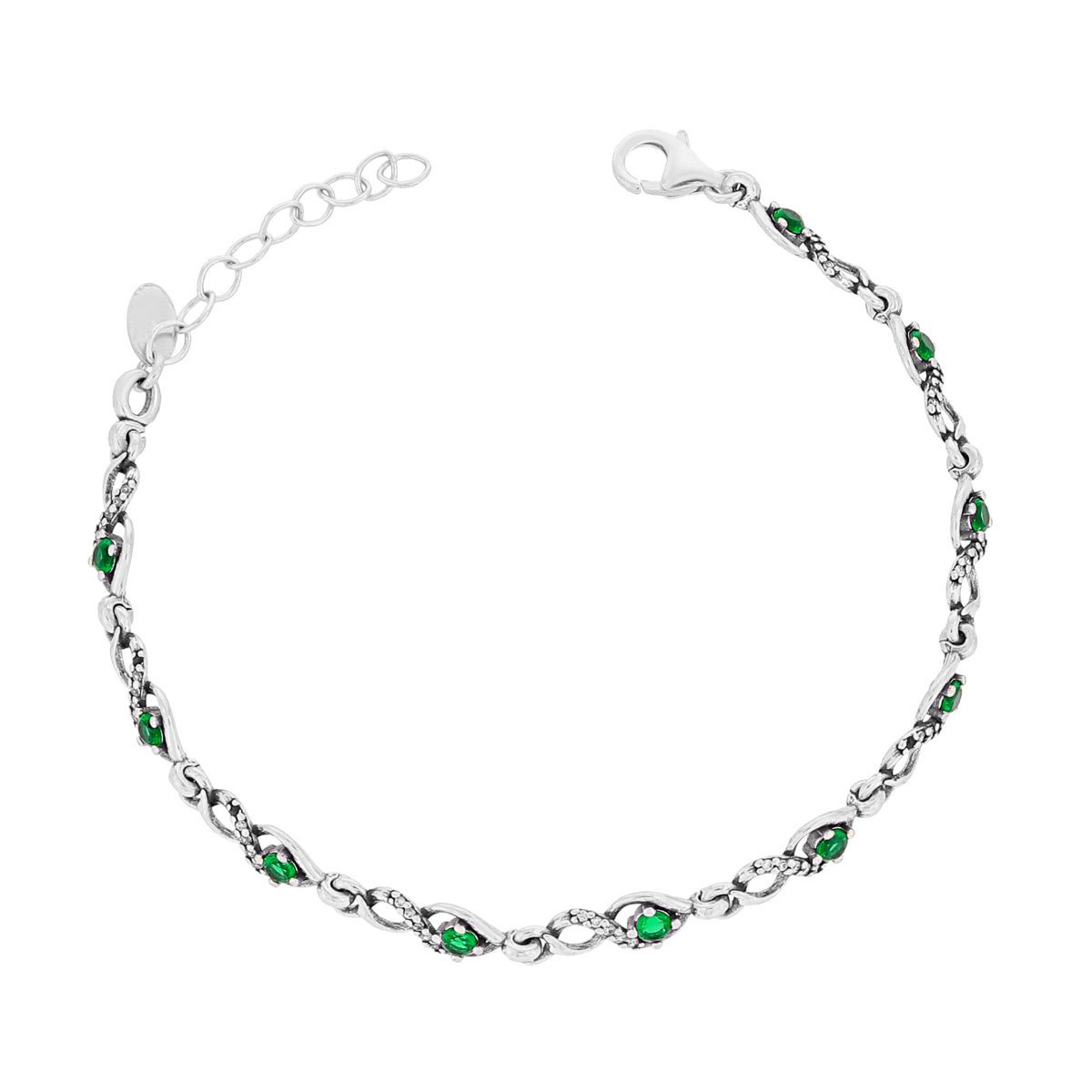 Srebrna bransoletka z zielonymi cyrkoniami 19-22 cm pr. 925