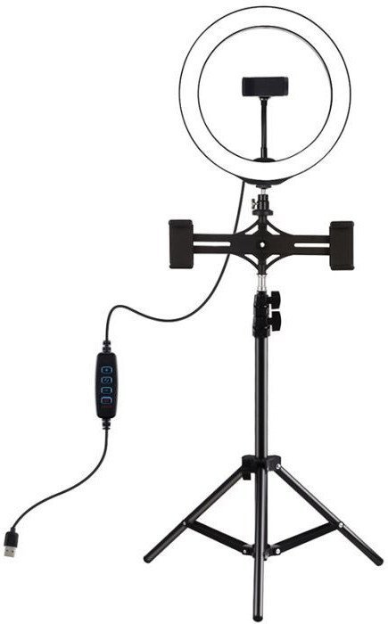 Lampa studyjna Puluz LED žiedinė lempa 26cm, su trikoju stovu iki 1.1m ir 3 telefono laikikliais, USB PKT3053B